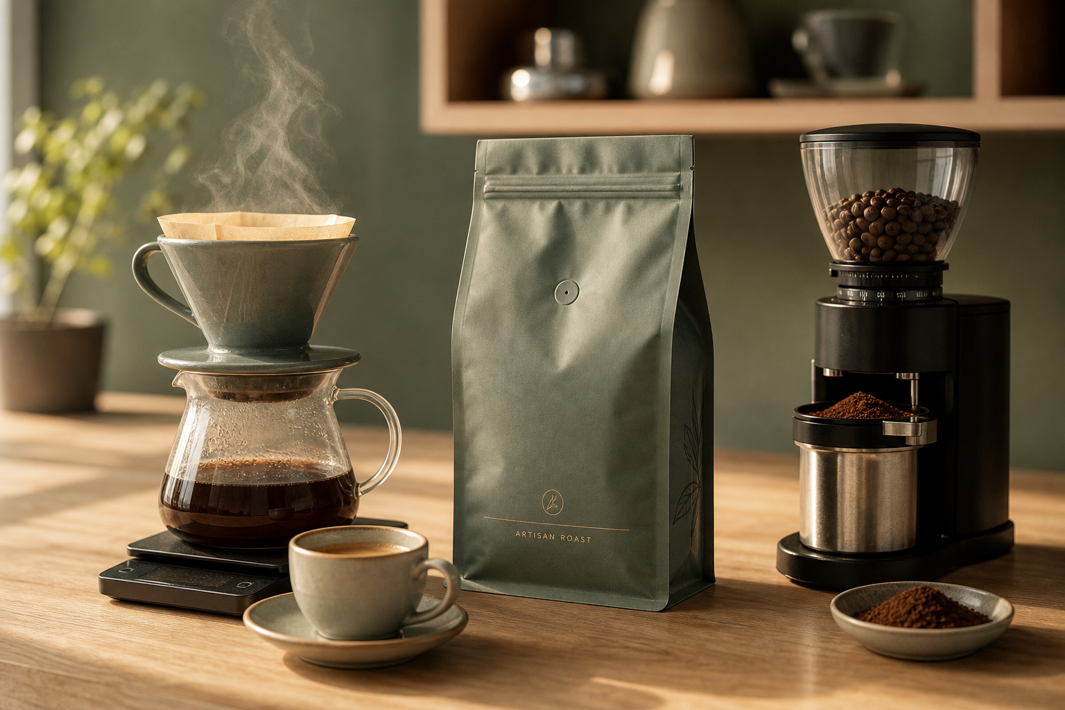 Cafés especiais: xícaras de café coado, moagem na hora e grãos sobre bancada de madeira clara (imagem gerada)