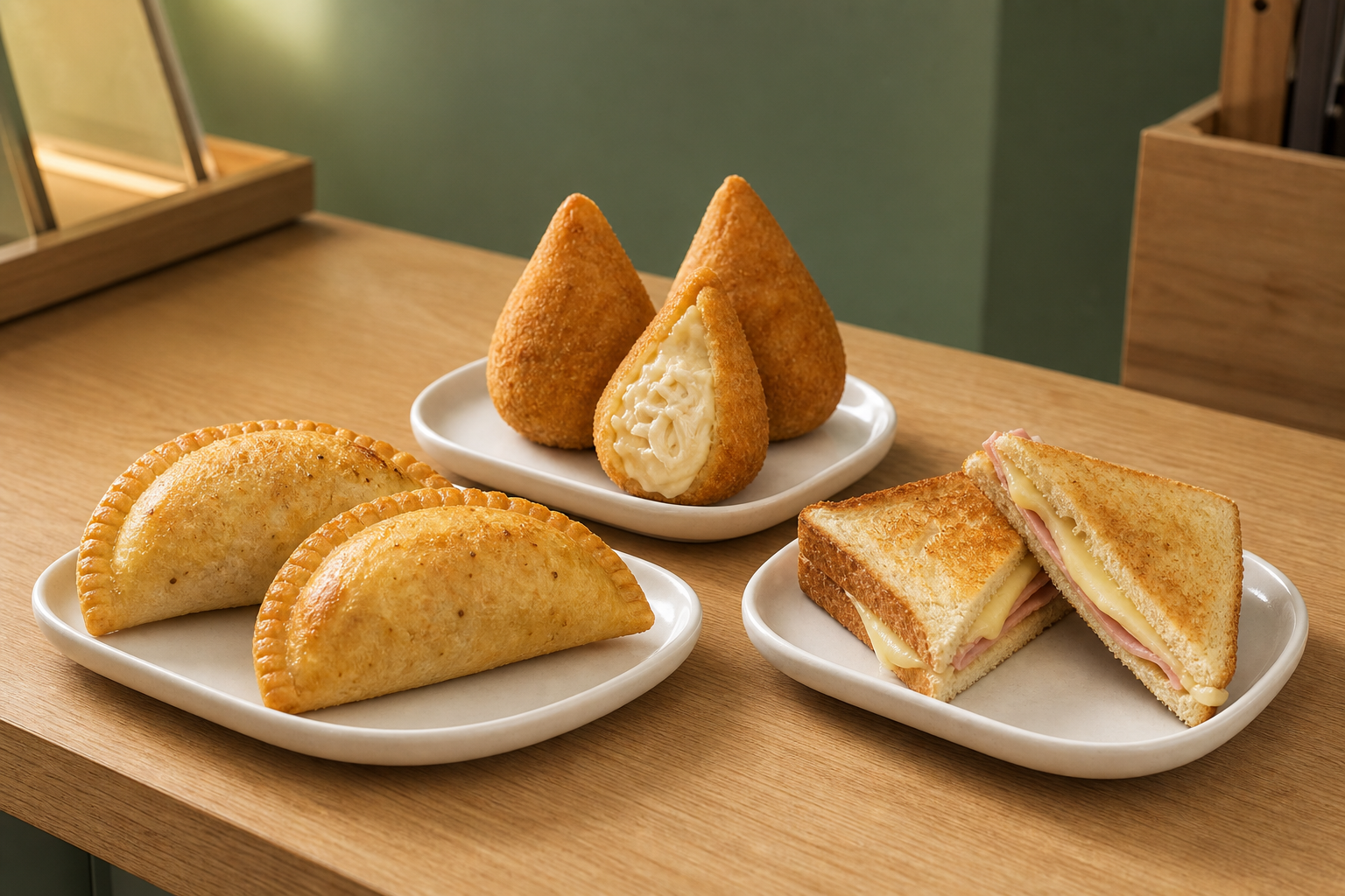 Salgados quentes: pastéis assados, coxinha de catupiry e misto quente em pratos brancos sobre bancada de madeira clara (imagem gerada)