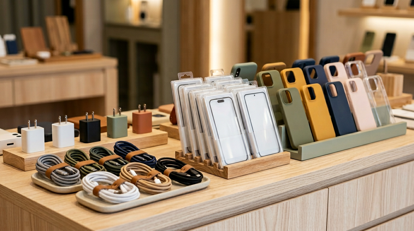 Carregadores, cabos, películas e capas para celular em vitrine organizada (imagem gerada)
