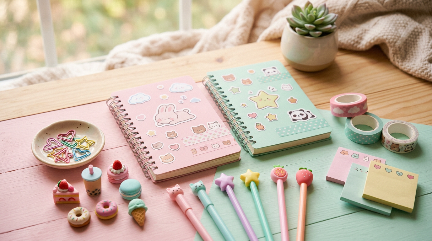 Papelaria fofinha: cadernos e materiais escolares em tons pastéis (imagem gerada)